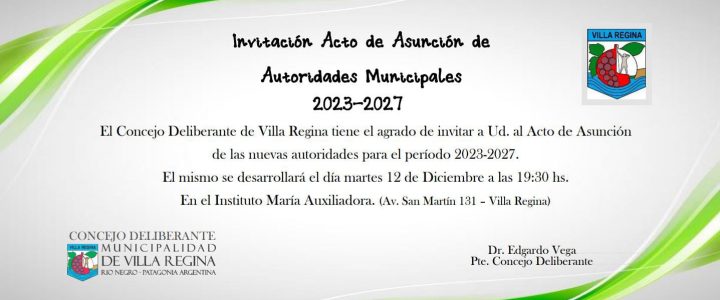 INVITACIÓN ACTO DE ASUNCIÓN DE AUTORIDADES MUNICIPALES 2023-2027
